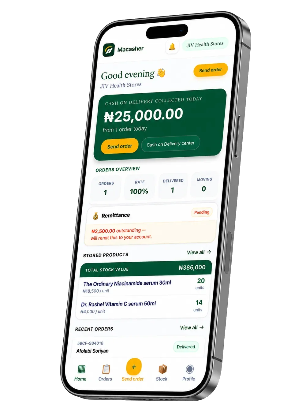 Macasher merchant dashboard showing Cash on Delivery, next move, and order summary